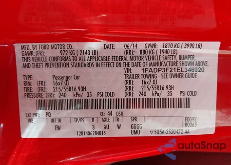 2014 Ford Focus Se z USA, uszkodzony, nr VIN 1FADP3F21EL346920